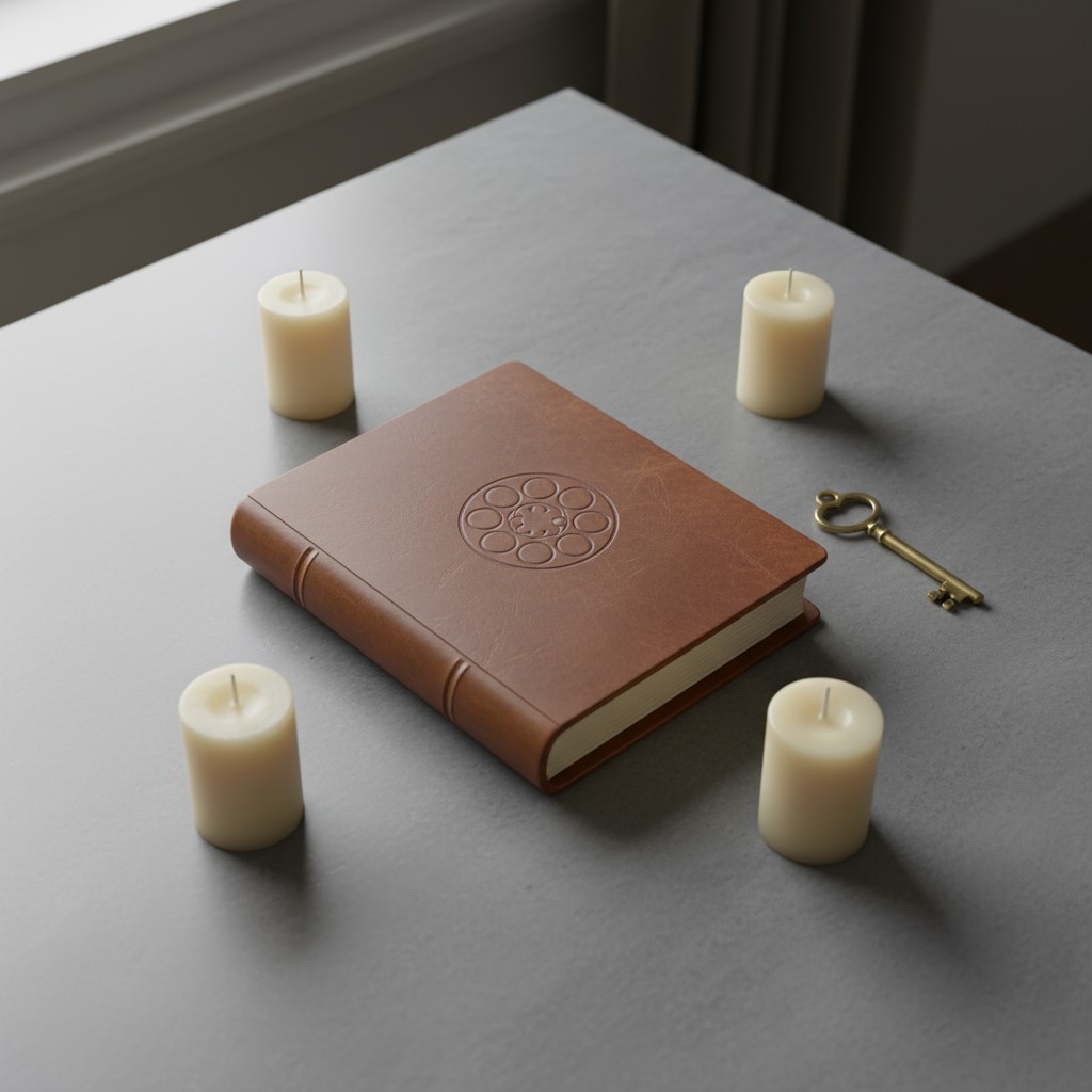 A hardcover book surrounded by candles, on a gray table, near a window.