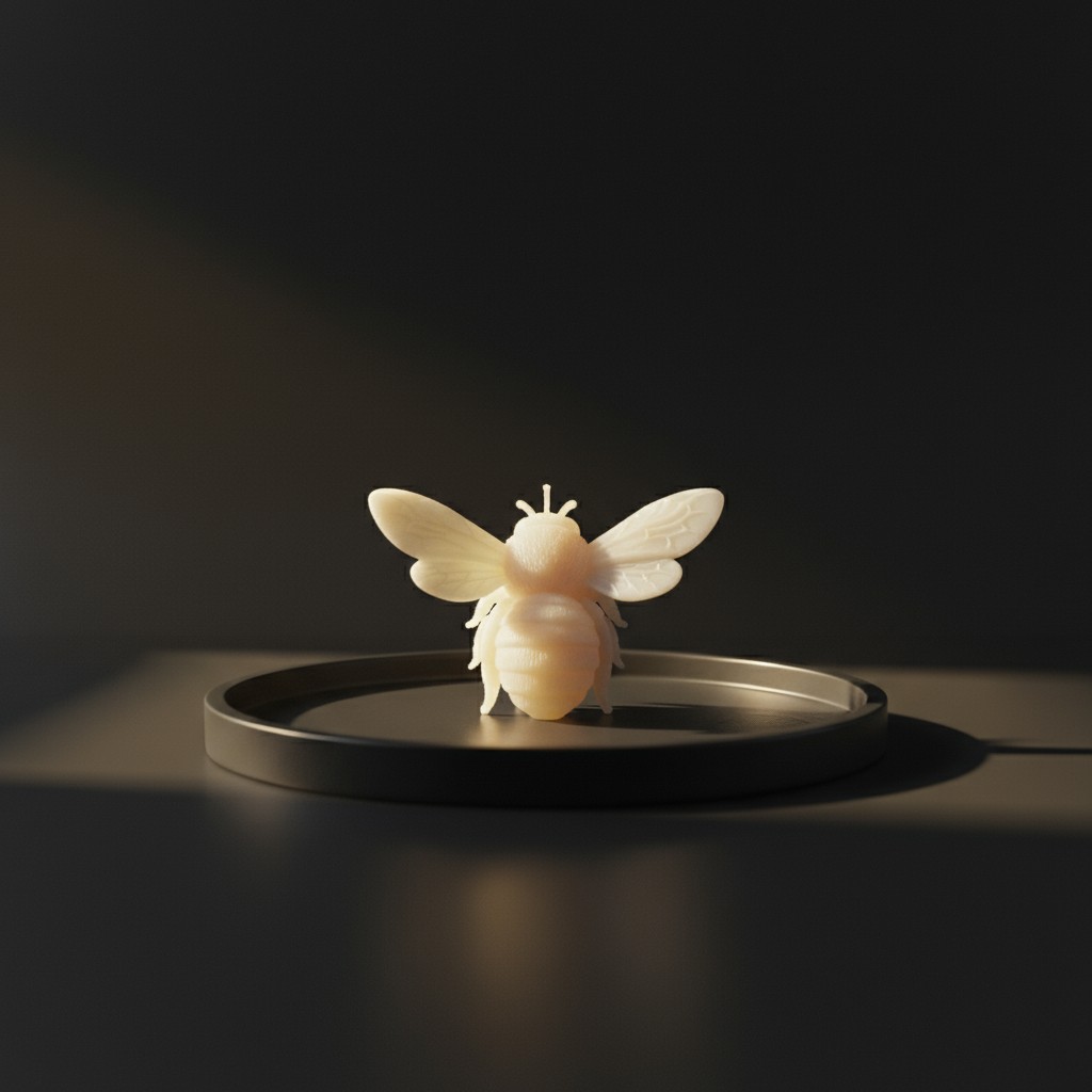 A photograph of a small, off-white bee-shaped plastic object being lit by directional light, casting shadows, standing on ...