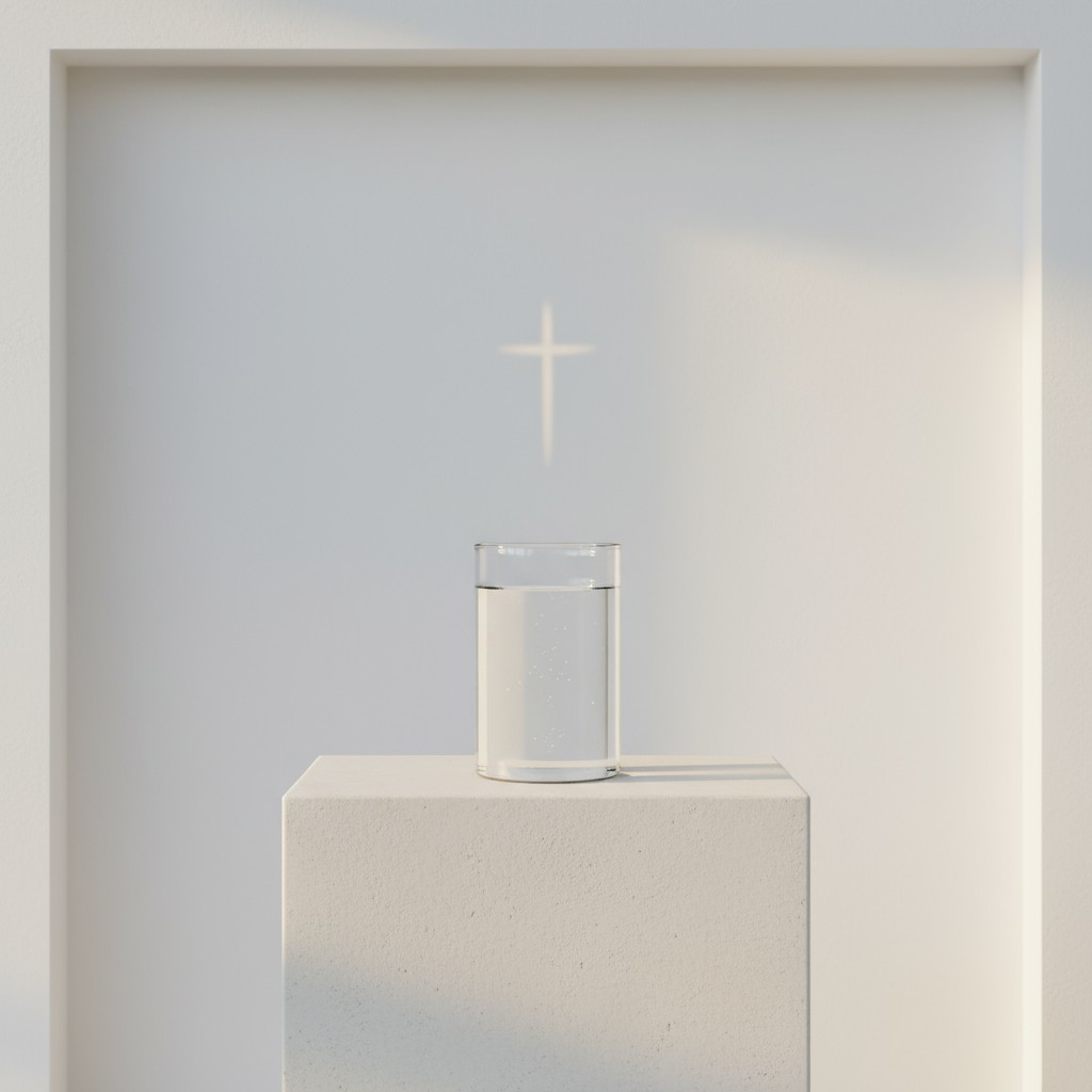 A glass of water sitting on a block, in front of a white wall with a stained glass cross.